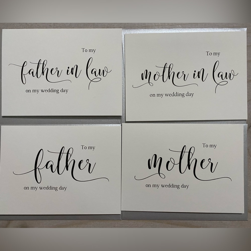 4 blank inside note cards for wedding day. Silver envelopes